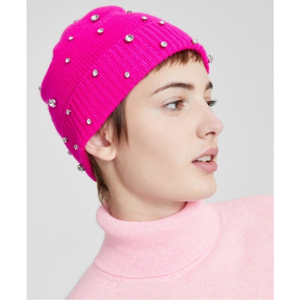 (2) 100% Cashmere Charter Club Luxury Pink & Black faux Bejeweled Knit Beanies